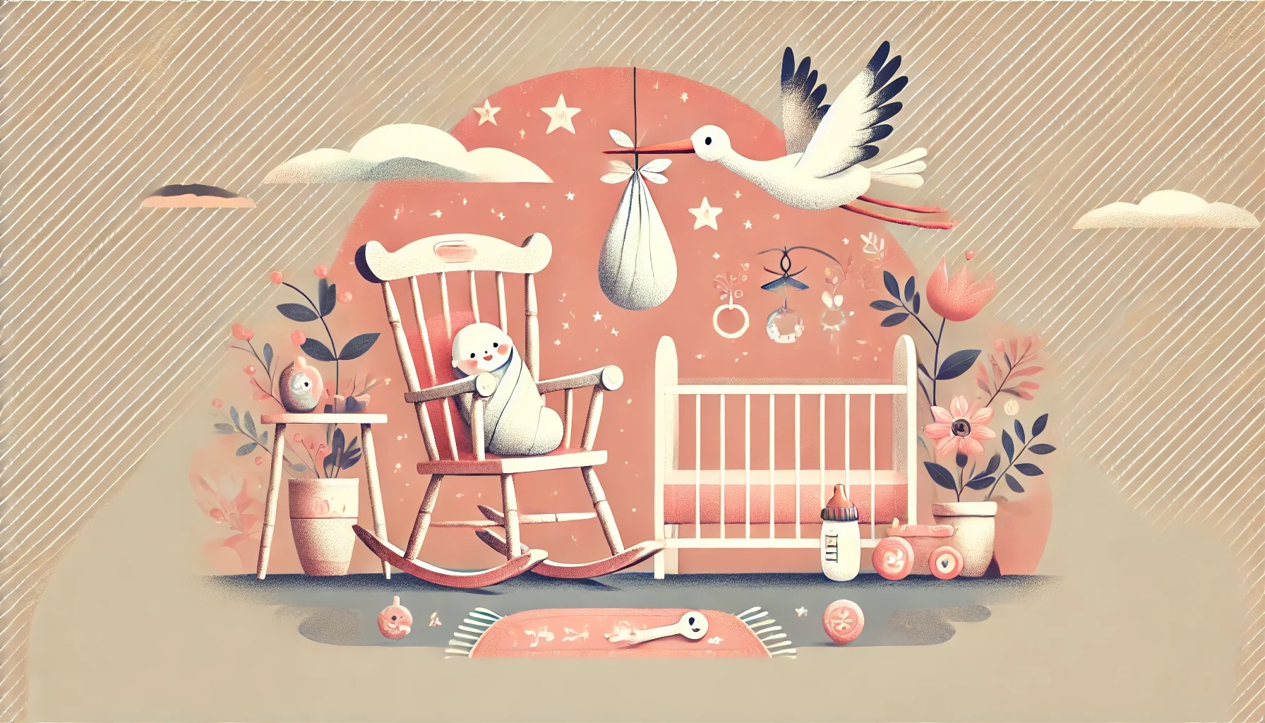 Baby in a rocking chair next to crib with a bird flying above