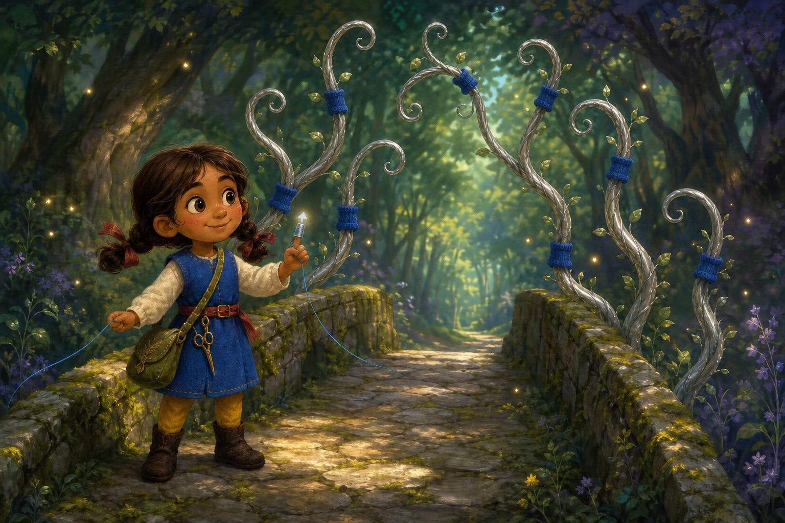 Tilda smiles on a woodland bridge as silver brambles, cosy in eight tiny blue knitted sleeves, lift their thorns to let her pass.