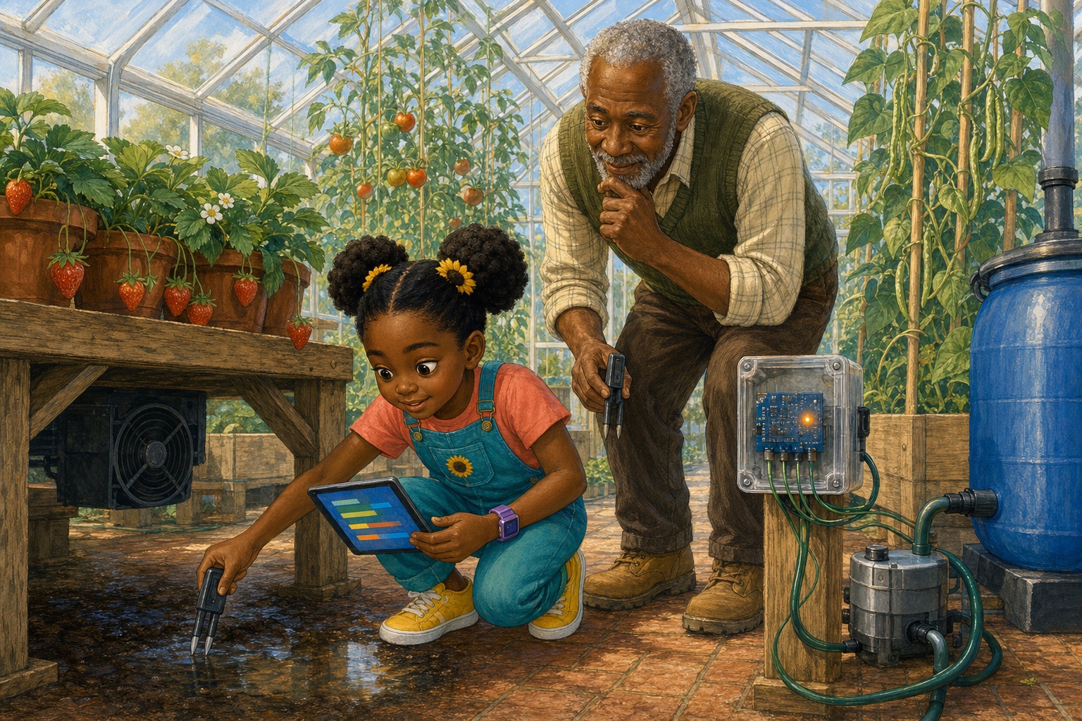 Nia and Pops investigate a puddle beneath the strawberry table while the tablet shows the faulty sensor and the greenhouse watering computer blinks nearby.