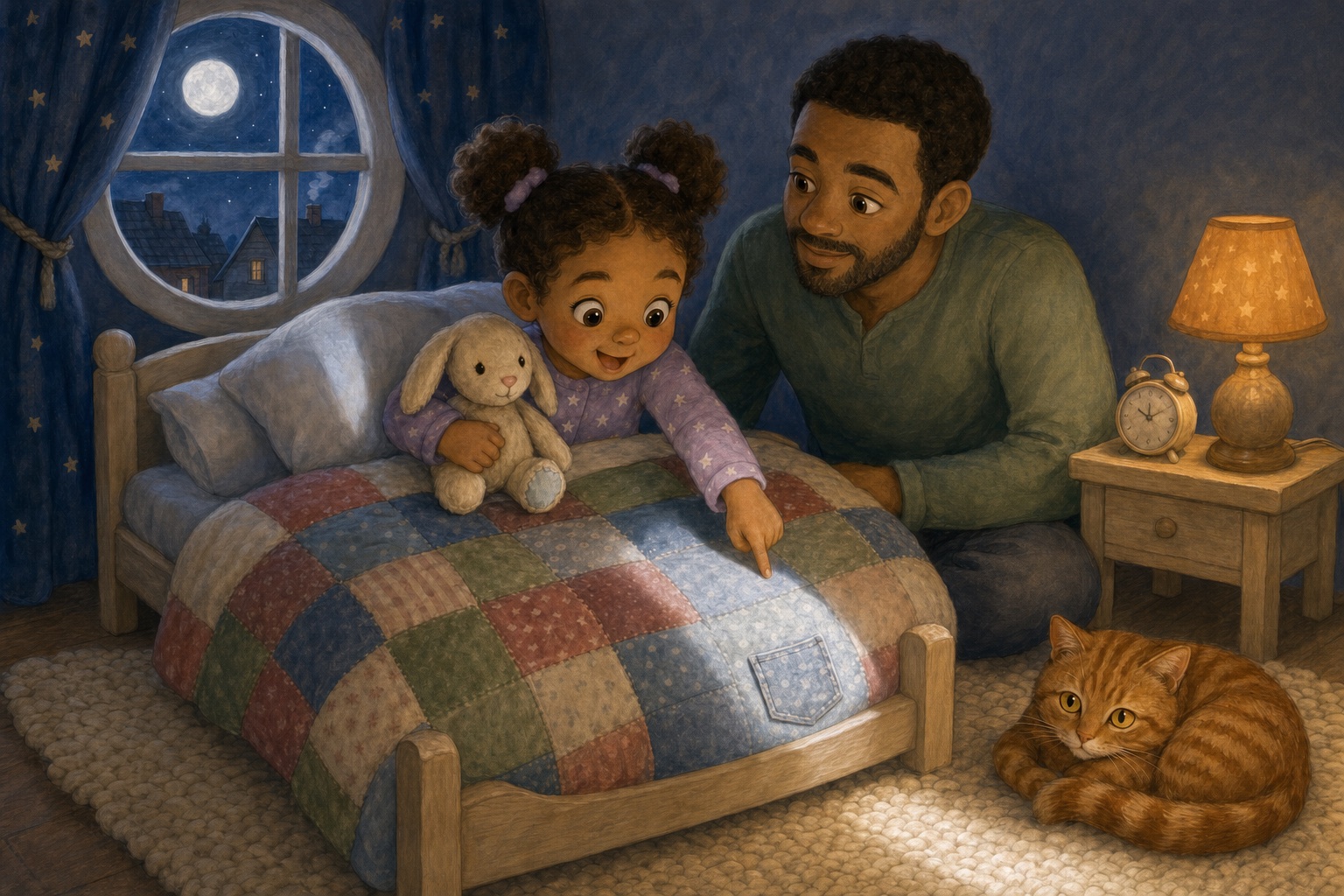 Mina sits under her patchwork quilt and points with wonder at a moonbeam resting beside its tiny sewn pocket while Dad smiles beside the bed.