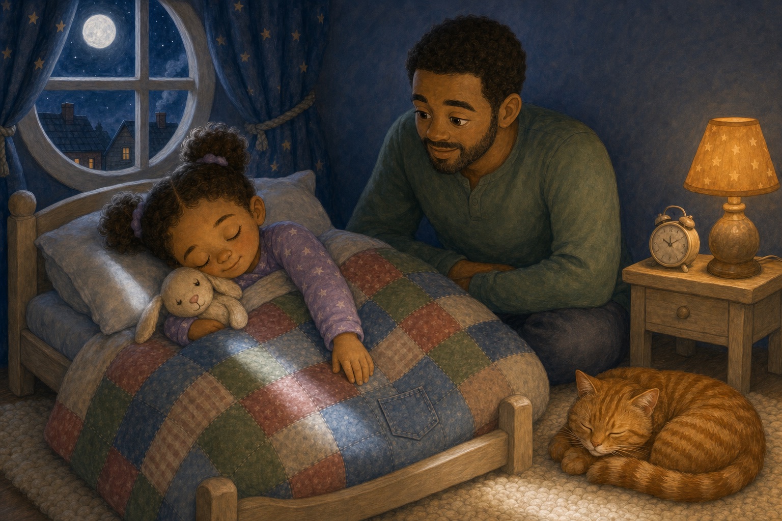 Mina sleeps peacefully with Rabbit beneath a silver moonbeam while Dad watches from the bedside and Marmalade purrs on the rug.