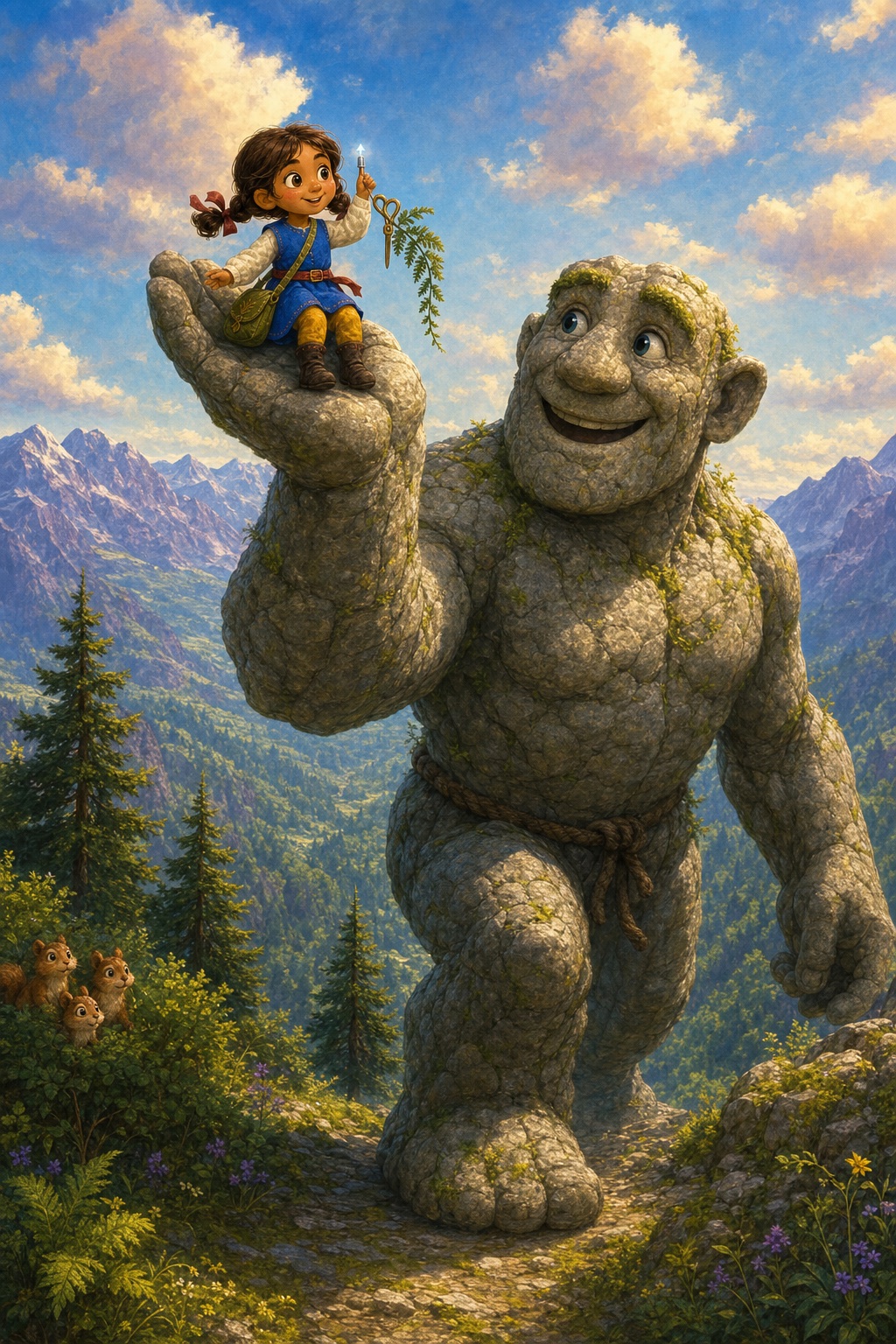 The gentle stone giant carries Tilda high over a sunlit mountain while squirrels watch and the troublesome fern dangles from her brass scissors.