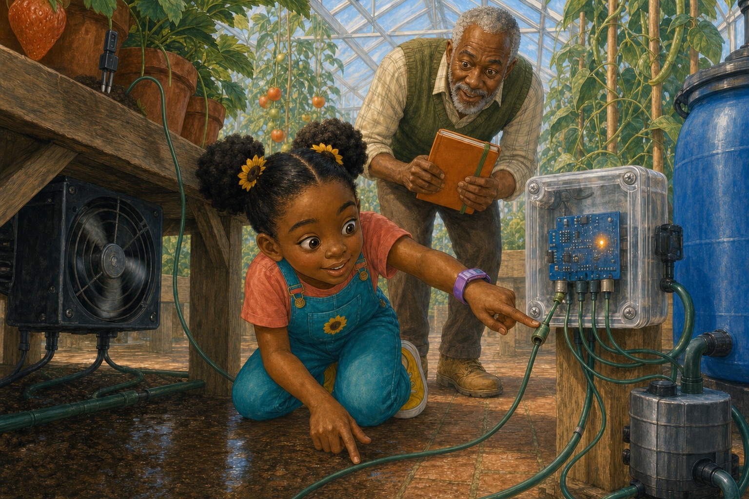 Nia points to the loose green sensor plug as the turning ventilation fan brushes its cable beneath the strawberry table.