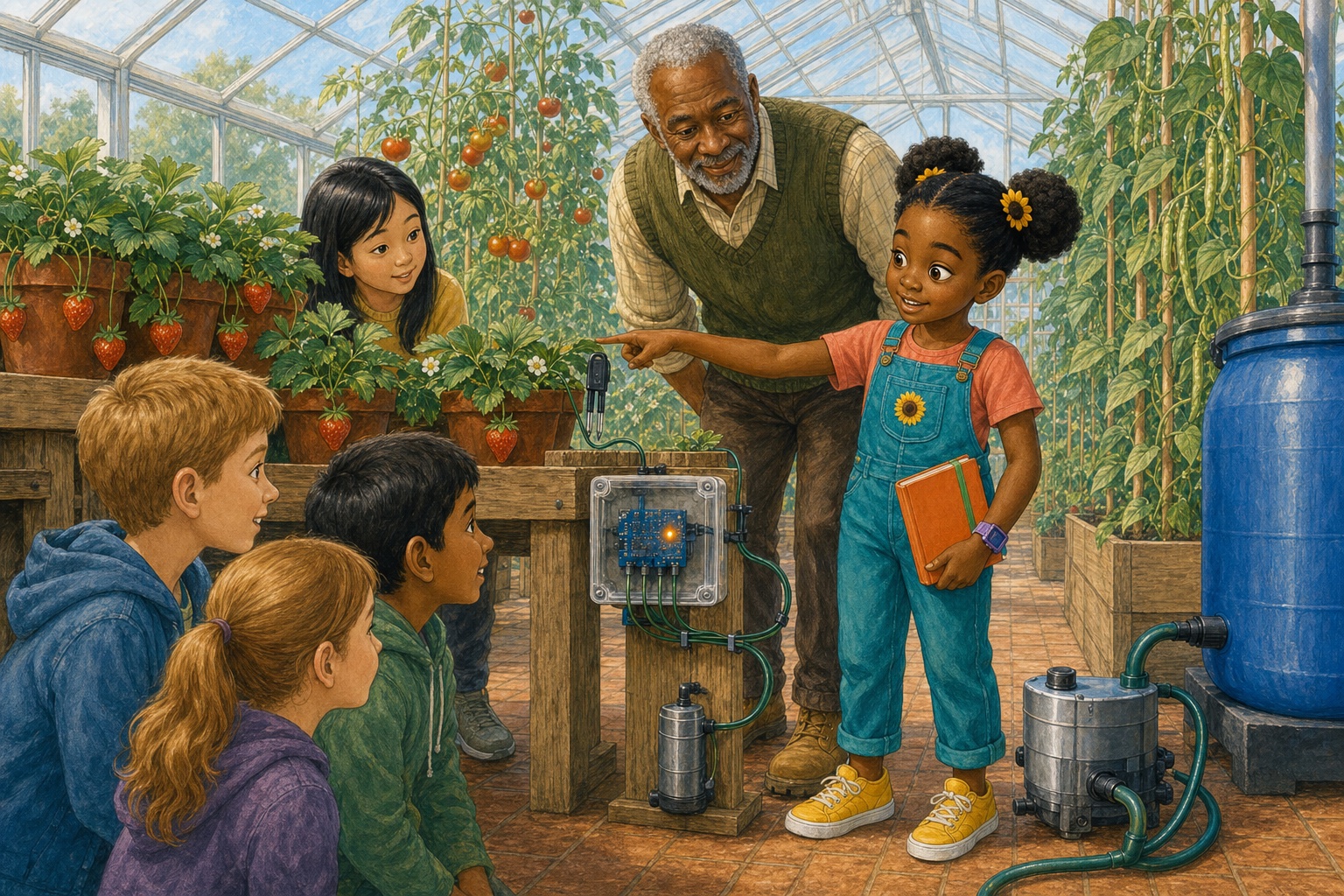 Nia explains the repaired greenhouse watering system to children at the open day while Pops smiles beside the healthy strawberry plants.