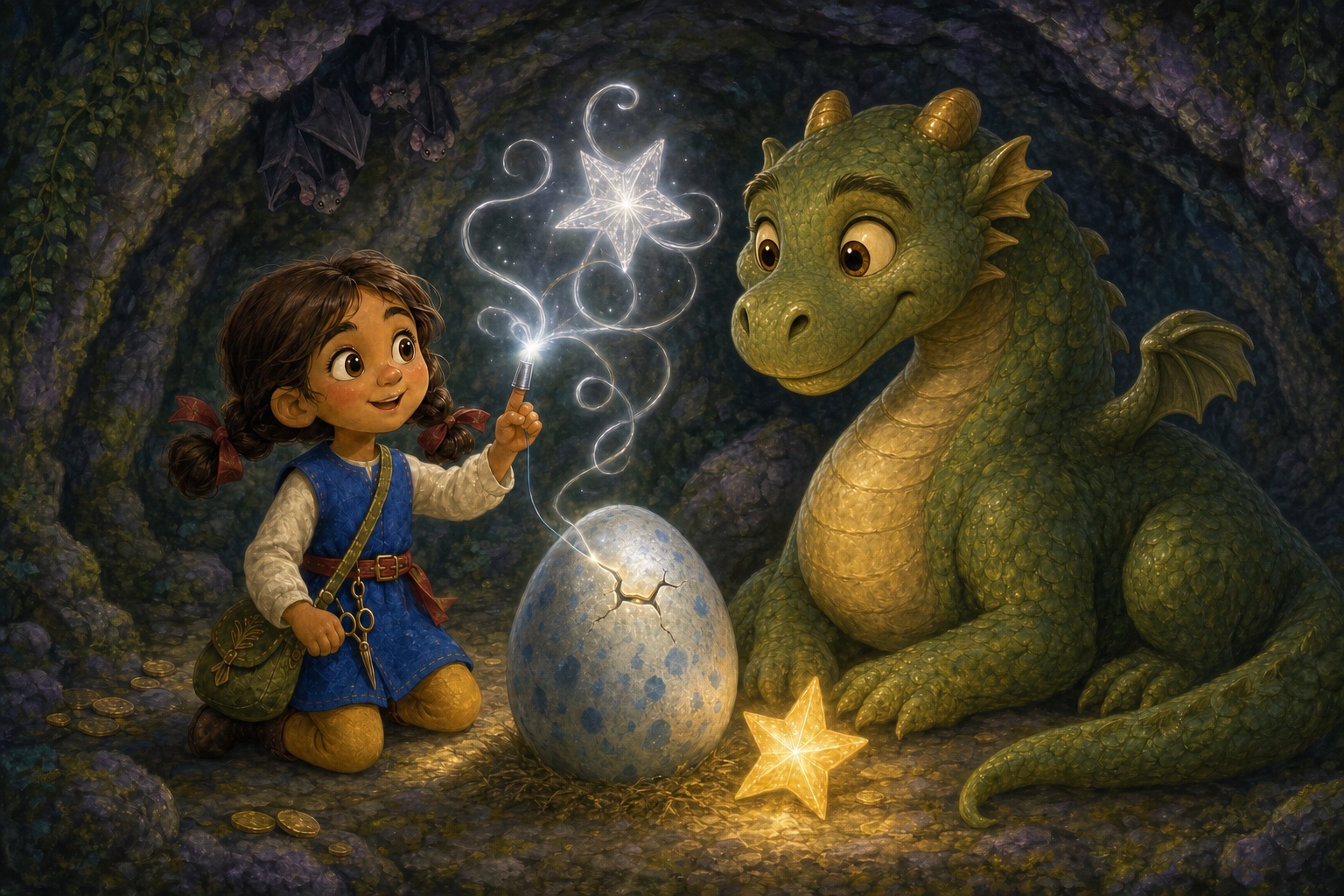 Silver thread-like light curls from Tilda’s thimble into a new star as the green dragon watches and her blue-speckled egg begins to hatch.