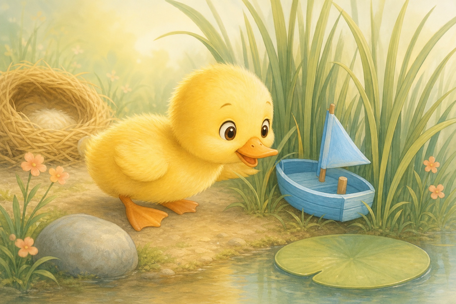 Pip the yellow duckling finds his little blue boat beside the pond reeds.
