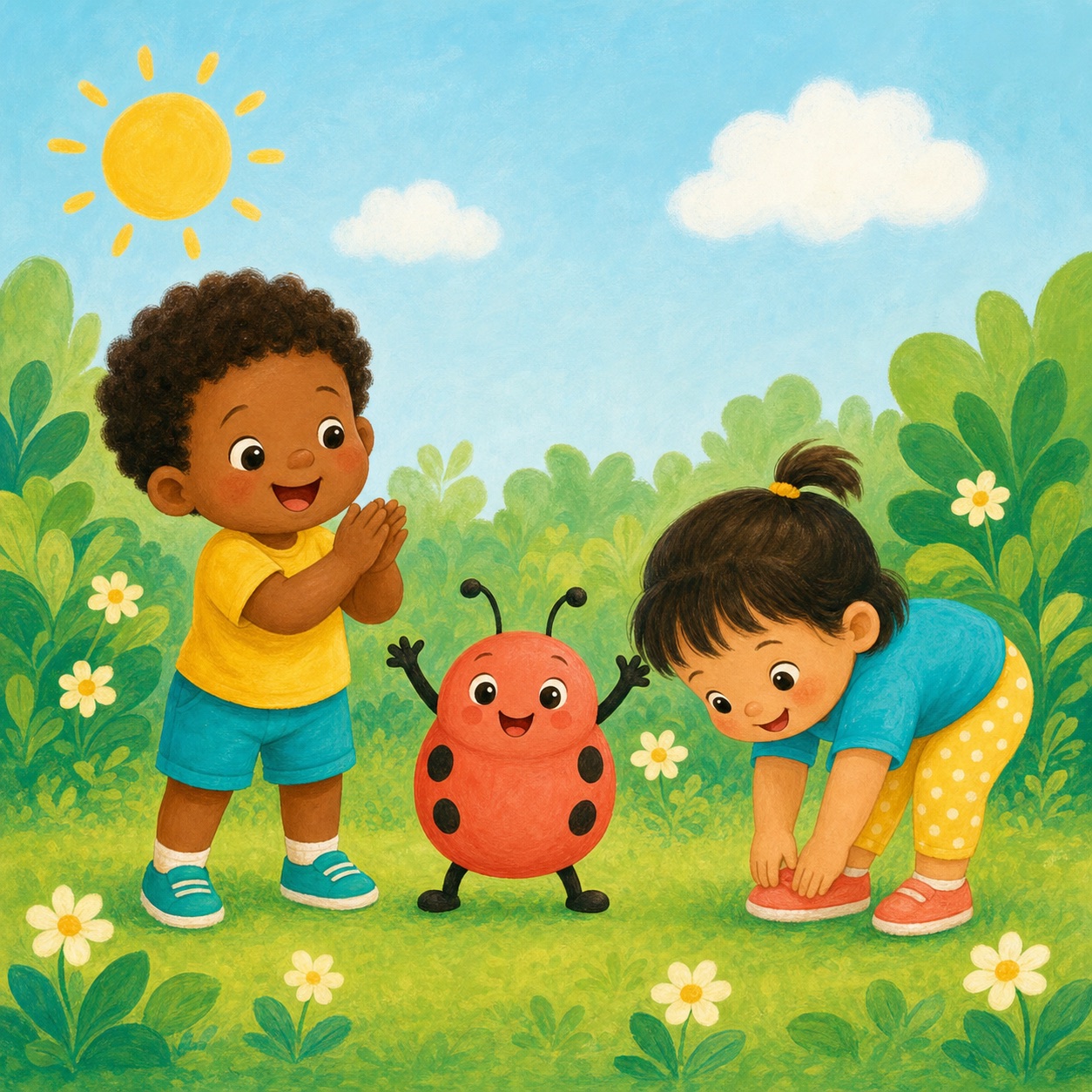 A cheerful toddler claps while another touches their toes beside a smiling coral Wiggle Bug in a sunny garden.